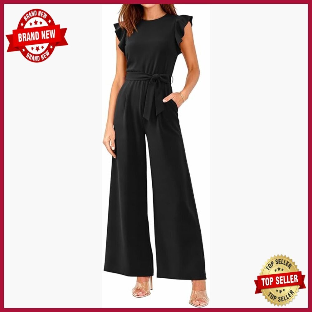 Wide Leg Jumpsuit with Belt, Crew Neck, Cap Sleeves, Pockets, Size M